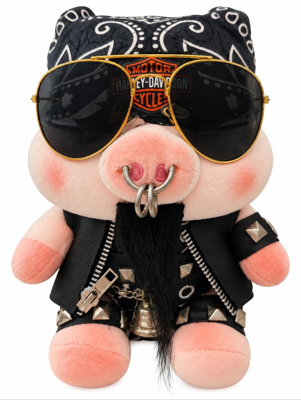 Pink Plush Pig with Black Biker Outfit and Gold Sunglasses 10"